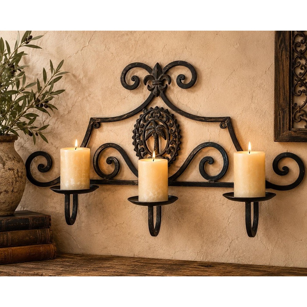 VTG Wrought Iron Triple Wall Candle Holder Scrollwork Wall Sconce Mediterranean